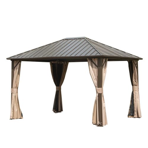 10'x12' Permanent Outdoor Galvanized Steel Roof Gazebo with Aluminum Frame, Pavilion Metal Gazebos with Netting & Curtains for Garden, Patios, Lawns 10'x12' Permanent Outdoor Galvanized Steel Roof Gazebo with Aluminum Frame, Pavilion Metal Gazebos with Netting & Curtains for Garden, Patios, Lawns