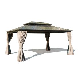12x16ft Hardtop Gazebo, Permanent Outdoor Gazebo with Polycarbonate Double Roof, Aluminum Gazebo Pavilion with Curtain and Net for Garden, Patio (Color: as Pic)